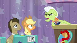 Size: 1920x1080 | Tagged: safe, screencap, character:applejack, character:doctor whooves, character:granny smith, character:time turner, species:earth pony, species:pony, episode:a trivial pursuit, g4, my little pony: friendship is magic, applejack's hat, ashamed, bell, cowboy hat, displeased, elderly, embarrassed, female, frown, glare, grandmother, grandmother and grandchild, grandmother and granddaughter, granny smith is not amused, granny smith's scarf, looking at each other, male, mare, narrowed eyes, ponytail, scolding, stallion, stetson, trio, trivia trot, wide eyes, wrinkles