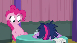 Size: 1920x1080 | Tagged: safe, screencap, character:pinkie pie, character:twilight sparkle, character:twilight sparkle (alicorn), species:alicorn, species:pony, episode:a trivial pursuit, g4, my little pony: friendship is magic, bell, facedesk, floppy ears, hungry, messy mane, stomach growl
