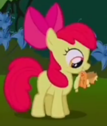 Size: 307x358 | Tagged: safe, screencap, character:apple bloom, character:applejack, species:earth pony, species:pony, episode:bridle gossip, g4, my little pony: friendship is magic, appletini, cropped, female, filly, micro, mouth hold, tiny, tiny ponies