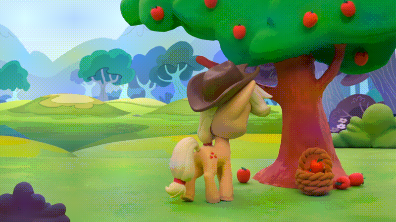 Size: 800x450 | Tagged: safe, screencap, character:applejack, species:earth pony, species:pony, g4.5, my little pony: stop motion short, my little pony:pony life, animated, apple, apple tree, applejack's hat, basket, clothing, cowboy hat, derp, dizzy, female, food, gif, hat, knocked silly, mare, pillow, pillow fight (short), silly, silly pony, solo, spinning eyes, stop motion, tree, who's a silly pony