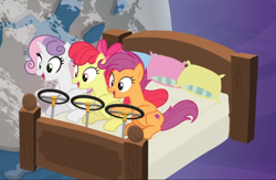 Size: 945x615 | Tagged: safe, screencap, character:apple bloom, character:scootaloo, character:sweetie belle, species:pegasus, species:pony, episode:growing up is hard to do, g4, my little pony: friendship is magic, bed, being big is all it takes, cropped, cutie mark crusaders, female, older, older apple bloom, older cmc, older scootaloo, older sweetie belle, steering wheel, trio