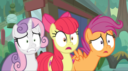 Size: 1571x869 | Tagged: safe, screencap, character:apple bloom, character:scootaloo, character:sweetie belle, species:pegasus, species:pony, episode:growing up is hard to do, g4, my little pony: friendship is magic, cropped, cutie mark crusaders, faec, older, older apple bloom, older cmc, older scootaloo, older sweetie belle, open mouth, scared, shrunken pupils, trio