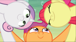 Size: 1667x941 | Tagged: safe, screencap, character:apple bloom, character:scootaloo, character:sweetie belle, species:earth pony, species:pegasus, species:pony, species:unicorn, episode:growing up is hard to do, g4, my little pony: friendship is magic, adorabloom, cropped, cute, cutealoo, cutie mark crusaders, diasweetes, huddle, older, older apple bloom, older cmc, older scootaloo, older sweetie belle, smiling, trio