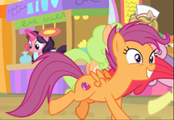 Size: 935x642 | Tagged: safe, screencap, character:apple bloom, character:jeff letrotski, character:scootaloo, species:pegasus, species:pony, episode:growing up is hard to do, g4, my little pony: friendship is magic, coral bits, cropped, excited, floral pattern, galloping, older, older apple bloom, older scootaloo, solo focus