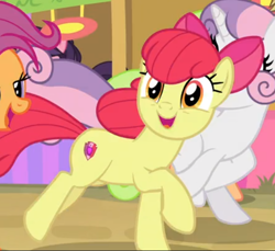 Size: 578x530 | Tagged: safe, screencap, character:apple bloom, character:scootaloo, character:sweetie belle, species:earth pony, species:pegasus, species:pony, species:unicorn, episode:growing up is hard to do, g4, my little pony: friendship is magic, adorabloom, coral bits, cropped, cute, cutie mark crusaders, floral pattern, galloping, older, older apple bloom, older scootaloo, older sweetie belle, reaction image, solo focus