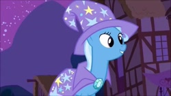 Size: 1280x720 | Tagged: safe, screencap, character:trixie, species:pony, species:unicorn, episode:magic duel, g4, my little pony: friendship is magic, cape, clothing, female, forgiven, grin, hat, looking at someone, mare, night, redemption, smiling, solo, the great and apologetic trixie, trixie's cape, trixie's hat