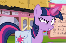 Size: 1324x880 | Tagged: safe, screencap, character:twilight sparkle, character:twilight sparkle (alicorn), species:alicorn, species:pony, episode:a trivial pursuit, g4, my little pony: friendship is magic, bag, crazy grin, cropped, female, glowing horn, grin, horn, levitation, magic, magic aura, mare, obsession, raised eyebrow, saddle bag, shrunken pupils, smiling, solo, telekinesis, twilighting