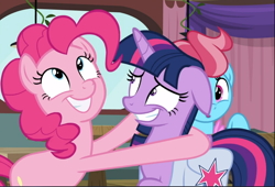 Size: 1212x823 | Tagged: safe, screencap, character:cup cake, character:pinkie pie, character:twilight sparkle, character:twilight sparkle (alicorn), species:alicorn, species:earth pony, species:pony, episode:a trivial pursuit, g4, my little pony: friendship is magic, bag, cropped, cute, diapinkes, duo focus, excited, faec, fake smile, female, floppy ears, grin, hug, looking up, mare, nervous, nervous grin, saddle bag, smiling, team twipie