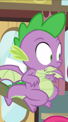 Size: 465x828 | Tagged: safe, screencap, character:spike, species:dragon, episode:a trivial pursuit, g4, my little pony: friendship is magic, baby, baby dragon, claws, cropped, fangs, flying, male, raised eyebrows, shrunken pupils, slit eyes, solo focus, spread wings, toes, wide eyes, winged spike, wings, worried