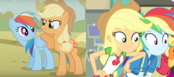 Size: 1357x603 | Tagged: safe, screencap, character:applejack, character:rainbow dash, species:earth pony, species:pegasus, species:pony, episode:fall weather friends, equestria girls:forgotten friendship, g4, my little pony: friendship is magic, my little pony:equestria girls, arm behind back, friends
