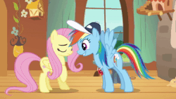 Size: 1280x720 | Tagged: safe, screencap, character:fluttershy, character:rainbow dash, species:pegasus, species:pony, episode:hurricane fluttershy, g4, my little pony: friendship is magic, animated, baseball cap, cap, clothing, coach rainbow dash, excited, eye contact, female, flapping, flying, frown, happy, hat, implied lesbian, lidded eyes, looking at each other, mare, raised hoof, raised leg, shy, smiling, sound, webm, whistle, wide eyes, worried
