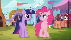 Size: 1920x1080 | Tagged: safe, screencap, character:amethyst star, character:cherry berry, character:cherry jubilee, character:parasol, character:pinkie pie, character:sparkler, character:twilight sparkle, character:twilight sparkle (alicorn), species:alicorn, species:earth pony, species:pony, episode:party pooped, g4, my little pony: friendship is magic, crossed hooves, duo focus, female, george harrison, lidded eyes, lonely hearts, mare, northern song, paul mccartney, ponified
