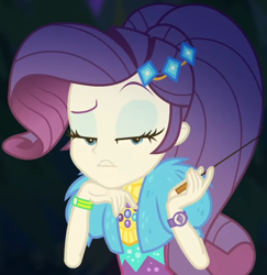 Size: 940x969 | Tagged: safe, screencap, character:rarity, equestria girls:sunset's backstage pass, g4, my little pony:equestria girls, clothing, coat, cropped, cute, dress, female, forest background, fur, fur coat, geode of shielding, jewelry, judgemental, magical geodes, night, outdoors, ponytail, raised eyebrow, raribetes, short sleeves, sitting, stick, wristband