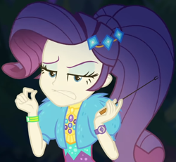 Size: 1040x963 | Tagged: safe, screencap, character:rarity, equestria girls:sunset's backstage pass, g4, my little pony:equestria girls, clothing, coat, cropped, cute, dress, female, forest background, fur, fur coat, geode of shielding, jewelry, judgemental, lidded eyes, magical geodes, night, outdoors, ponytail, raribetes, short sleeves, sitting, stick, wristband