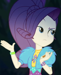 Size: 877x1080 | Tagged: safe, screencap, character:rarity, equestria girls:sunset's backstage pass, g4, my little pony:equestria girls, clothing, coat, cropped, cute, dress, female, forest background, fur, fur coat, geode of shielding, jewelry, magical geodes, night, outdoors, ponytail, raised eyebrow, raribetes, sassy, short sleeves, sitting, stick, wristband