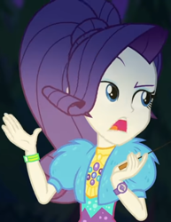 Size: 834x1080 | Tagged: safe, screencap, character:rarity, equestria girls:sunset's backstage pass, g4, my little pony:equestria girls, clothing, coat, cropped, cute, dress, female, fur, fur coat, geode of shielding, jewelry, magical geodes, night, outdoors, ponytail, raised eyebrow, raribetes, sassy, short sleeves, sitting, stick, wristband