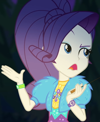 Size: 884x1080 | Tagged: safe, screencap, character:rarity, equestria girls:sunset's backstage pass, g4, my little pony:equestria girls, clothing, coat, cropped, cute, dress, female, forest background, fur, fur coat, geode of shielding, jewelry, magical geodes, night, ponytail, raised eyebrow, raribetes, sassy, short sleeves, sitting, stick, wristband