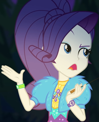 Size: 879x1080 | Tagged: safe, screencap, character:rarity, equestria girls:sunset's backstage pass, g4, my little pony:equestria girls, clothing, coat, cropped, cute, dress, female, forest background, fur, fur coat, geode of shielding, jewelry, magical geodes, night, outdoors, ponytail, raised eyebrow, raribetes, sassy, short sleeves, sitting, stick, wristband