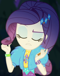 Size: 808x1013 | Tagged: safe, screencap, character:rarity, equestria girls:sunset's backstage pass, g4, my little pony:equestria girls, clothing, coat, cropped, cute, dress, female, forest background, fur, fur coat, geode of shielding, jewelry, magical geodes, night, outdoors, ponytails, raised eyebrow, raribetes, sassy, sitting, stick, wristband