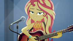 Size: 1920x1080 | Tagged: safe, screencap, character:sunset shimmer, episode:let it rain, g4, my little pony:equestria girls, acoustic guitar, beautiful, cute, guitar, looking at you, microphone, musical instrument, shimmerbetes, solo