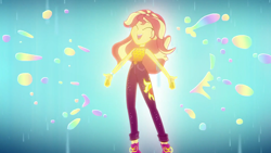 Size: 1920x1080 | Tagged: safe, screencap, character:sunset shimmer, episode:let it rain, g4, my little pony:equestria girls, catasterism, clothing, eyes closed, glow, rain, singing, solo, sunshine shimmer