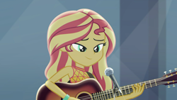 Size: 1920x1080 | Tagged: safe, screencap, character:sunset shimmer, episode:let it rain, g4, my little pony:equestria girls, acoustic guitar, cute, guitar, microphone, musical instrument, shimmerbetes, smiling, solo