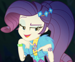Size: 1069x884 | Tagged: safe, screencap, character:rarity, equestria girls:sunset's backstage pass, g4, my little pony:equestria girls, clothing, coat, cropped, cute, dress, female, forest background, fur, fur coat, geode of shielding, jewelry, lidded eyes, magical geodes, night, outdoors, ponytail, raised eyebrow, raribetes, sassy, short sleeves, sitting, smiling, stick, wristband