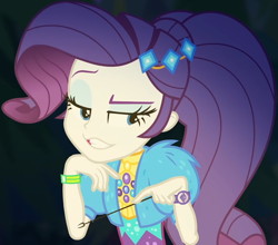 Size: 1046x922 | Tagged: safe, screencap, character:rarity, equestria girls:sunset's backstage pass, g4, my little pony:equestria girls, clothing, coat, cropped, cute, dress, female, forest background, fur, fur coat, geode of shielding, jewelry, lidded eyes, magical geodes, music festival outfit, night, outdoors, ponytail, raised eyebrow, raribetes, sassy, short sleeves, sitting, smiling, stick, wristband