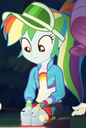 Size: 404x597 | Tagged: safe, screencap, character:rainbow dash, character:rarity, equestria girls:sunset's backstage pass, g4, my little pony:equestria girls, cap, clothing, cropped, cute, dashabetes, female, food, forest background, geode of super speed, hat, jacket, looking down, magical geodes, marshmallow, night, outdoors, ponytail, rainbow, shirt, shorts, smiling, socks, stick, t-shirt, wristband