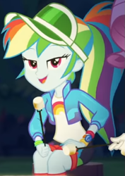 Size: 415x587 | Tagged: safe, screencap, character:rainbow dash, character:rarity, equestria girls:sunset's backstage pass, g4, my little pony:equestria girls, cap, clothing, cropped, cute, dashabetes, female, food, forest background, geode of super speed, hat, jacket, lidded eyes, looking at you, magical geodes, marshmallow, night, outdoors, ponytail, rainbow, shirt, shorts, smiling, socks, stick, t-shirt, wristband