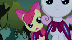Size: 1280x720 | Tagged: safe, screencap, character:apple bloom, character:sweetie belle, species:earth pony, species:pony, species:unicorn, episode:stare master, g4, my little pony: friendship is magic, animated, cape, clothing, cmc cape, female, filly, out of context, sound, webm