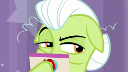 Size: 1920x1080 | Tagged: safe, screencap, character:granny smith, species:earth pony, species:pony, episode:a trivial pursuit, g4, my little pony: friendship is magic, asking, card, elderly, female, hair bun, hoof hold, host, mare, narrowed eyes, obscured face, question, raised eyebrow, reading, solo, squint, wrinkles