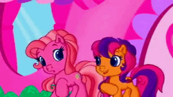 Size: 1280x720 | Tagged: safe, screencap, character:pinkie pie (g3), character:scootaloo (g3), episode:sweetie belle's gumball house surprise, g3.5, animated, sound, webm