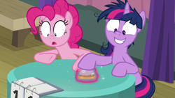Size: 1920x1080 | Tagged: safe, screencap, character:pinkie pie, character:twilight sparkle, character:twilight sparkle (alicorn), species:alicorn, species:earth pony, species:pony, episode:a trivial pursuit, g4, my little pony: friendship is magic, bell, crazy grin, cute, duo, error, female, hypocritical humor, levitation, looking down, magic, magic aura, mare, messy mane, obsessed, open mouth, paranoid, paranoid twilight, shocked, shrunken pupils, sin of greed, smiling, team twipie, telekinesis, trivia trot, twilight snapple, twilighting, unfair