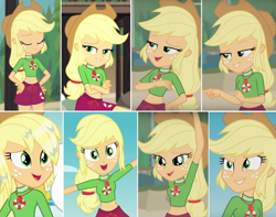 Size: 1519x1195 | Tagged: safe, screencap, character:applejack, episode:turf war, g4, my little pony:equestria girls, beautiful, belly button, clothing, collage, geode of super strength, lifeguard, lifeguard applejack, magical geodes, pose, short shirt, shorts