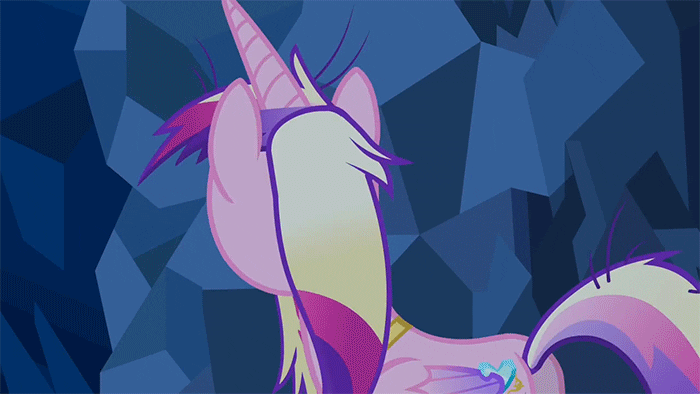Size: 700x394 | Tagged: safe, screencap, character:princess cadance, episode:a canterlot wedding, g4, my little pony: friendship is magic, animated, cave, crystal caverns, cute, cutedance, dirty, eye shimmer, gif, grin, lidded eyes, looking at you, messy mane, season 2, smiling, solo, turning