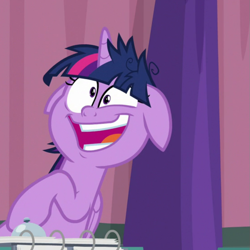 Size: 831x831 | Tagged: safe, screencap, character:twilight sparkle, character:twilight sparkle (alicorn), species:alicorn, species:pony, derpibooru, episode:a trivial pursuit, g4, my little pony: friendship is magic, bell, crazy face, cropped, faec, floppy ears, juxtaposition, messy mane, meta, solo, twilight snapple