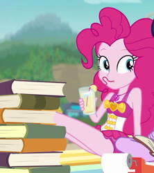 Size: 960x1080 | Tagged: safe, screencap, character:pinkie pie, character:twilight sparkle, character:twilight sparkle (scitwi), species:eqg human, derpibooru, episode:friendship math, g4, my little pony:equestria girls, book, clothing, cropped, geode of sugar bombs, juice, juxtaposition, lemonade, magical geodes, meta, swimsuit