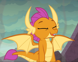 Size: 1181x937 | Tagged: safe, screencap, character:smolder, species:dragon, episode:sweet and smoky, g4, my little pony: friendship is magic, cropped, cute, dragon lands, dragoness, eyes closed, fangs, female, happy, horns, nostalgia, open mouth, smiling, smoke, smolderbetes, sniffing, solo, spread wings, teenaged dragon, teenager, wings