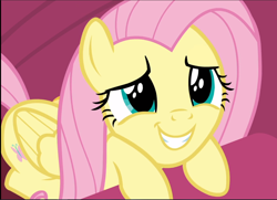 Size: 1300x941 | Tagged: safe, screencap, character:fluttershy, species:pegasus, species:pony, episode:sweet and smoky, g4, my little pony: friendship is magic, close-up, cropped, cute, eye shimmer, female, mare, prone, shyabetes, smiling, solo