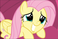 Size: 1380x941 | Tagged: safe, screencap, character:fluttershy, species:pegasus, species:pony, episode:sweet and smoky, g4, my little pony: friendship is magic, close-up, cropped, cute, cuteness overload, eye shimmer, faec, female, mare, prone, shyabetes, smiling, solo, teeth