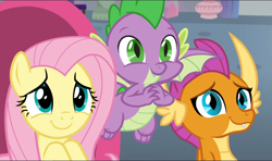 Size: 1588x941 | Tagged: safe, screencap, character:fluttershy, character:smolder, character:spike, species:dragon, species:pegasus, species:pony, episode:sweet and smoky, g4, my little pony: friendship is magic, cropped, cute, dragoness, female, flying, male, mare, shyabetes, smiling, smolderbetes, spikabetes, trio, winged spike