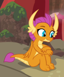 Size: 422x504 | Tagged: safe, screencap, character:smolder, species:dragon, episode:sweet and smoky, g4, my little pony: friendship is magic, cropped, cute, dragon lands, dragoness, female, sitting, smiling, smolderbetes, solo, teenaged dragon, teenager
