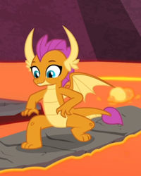 Size: 490x614 | Tagged: safe, screencap, character:smolder, species:dragon, episode:sweet and smoky, g4, my little pony: friendship is magic, bending, claws, cropped, cute, dragoness, female, having fun, horns, lava, lava surfing, looking down, raised eyebrows, smiling, smolderbetes, solo, spread wings, teenaged dragon, teenager, toes, wings