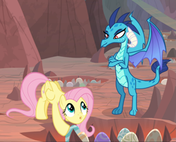 Size: 1163x938 | Tagged: safe, screencap, character:fluttershy, character:princess ember, species:dragon, species:pegasus, species:pony, episode:sweet and smoky, g4, my little pony: friendship is magic, amused, claws, cropped, crossed arms, crouching, cute, dragon egg, dragoness, duo, female, folded wings, horns, looking at each other, mare, open mouth, shyabetes, smiling, smirk, spread wings, wings