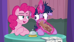 Size: 1920x1080 | Tagged: safe, screencap, character:pinkie pie, character:twilight sparkle, character:twilight sparkle (alicorn), species:alicorn, species:pony, episode:a trivial pursuit, g4, my little pony: friendship is magic, bell, floppy ears, hyperventilating, messy mane, paper bag, twilight snapple