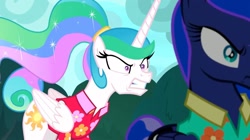 Size: 1024x574 | Tagged: safe, screencap, character:princess celestia, character:princess luna, species:alicorn, species:pony, episode:between dark and dawn, g4, my little pony: friendship is magic, angry, argument, bickering sisters, breakdown, celestia is not amused, clothing, cutie mark, duo, ethereal mane, faec, female, flowing mane, folded wings, gritted teeth, hawaiian shirt, luna is not amused, mare, ponytail, royal sisters, shirt, shrunken pupils, siblings, sisters, tail bun, unamused, vacation, wings