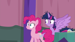 Size: 1280x720 | Tagged: safe, screencap, character:pinkie pie, character:twilight sparkle, character:twilight sparkle (alicorn), species:alicorn, species:pony, episode:a trivial pursuit, g4, my little pony: friendship is magic, bell, floppy ears, messy mane