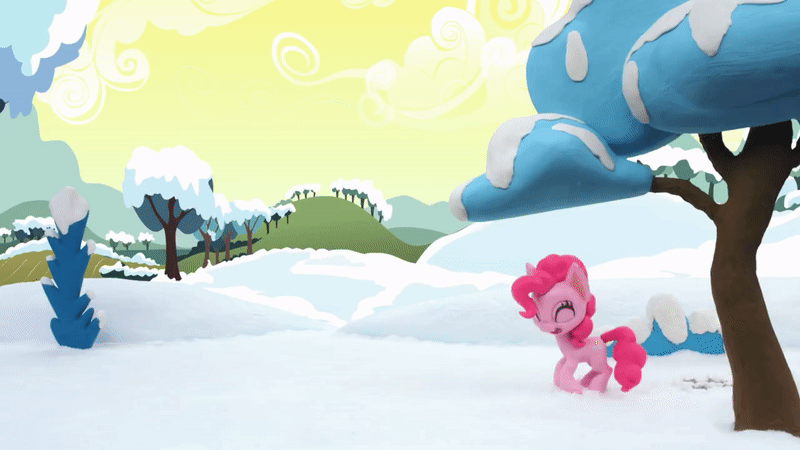 Size: 800x450 | Tagged: safe, screencap, character:pinkie pie, species:earth pony, species:pony, g4.5, my little pony: stop motion short, my little pony:pony life, animated, cute, diapinkes, gif, happy, horses doing horse things, ice and slice, jumping, looking at something, outdoors, rolling, smiling, snow, solo, stop motion, tree, trotting