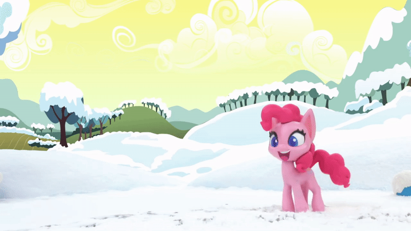 Size: 800x450 | Tagged: safe, screencap, character:pinkie pie, species:earth pony, species:pony, g4.5, my little pony: stop motion short, my little pony:pony life, animated, art, eyes closed, gif, ice and slice, jumping, outdoors, sliding, snow, solo, stop motion
